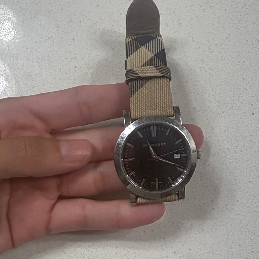 Burberry Black Dial Watch with Beige Check Strap